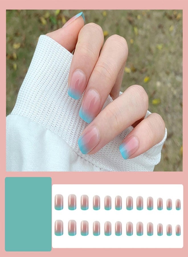 YoYoee 24Pes Short Square Press on Nails - French Fake Nails Gradient False Nails Glossy Full Cover Nails Tips for Women - Image 2
